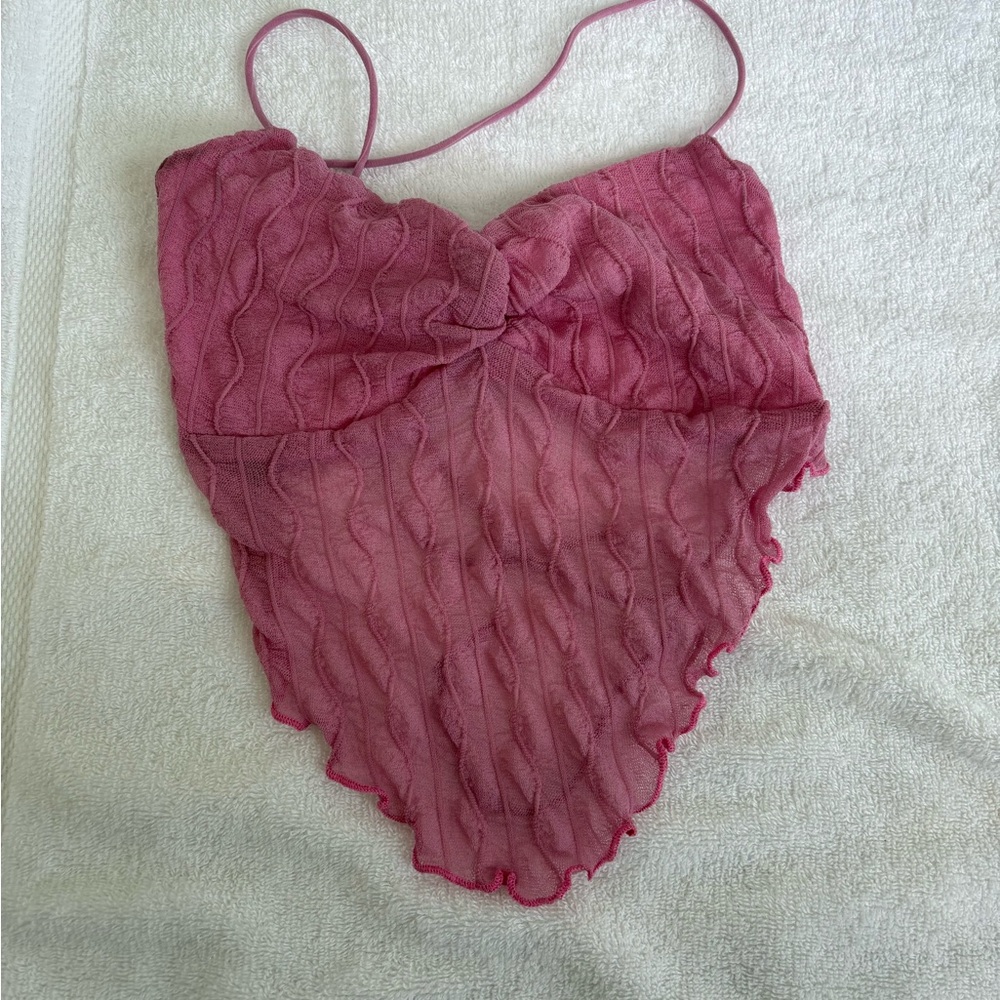 SHEIN Pink Crop Top with Delicate Lace and Spaghetti Straps
